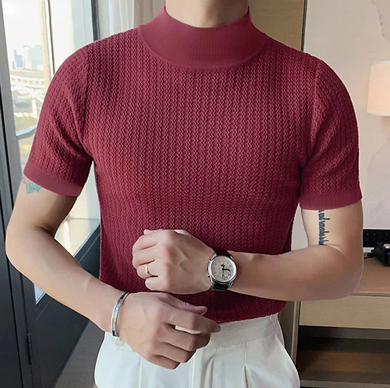 Men's High Neck Knitted Water Ripple T-Shirt