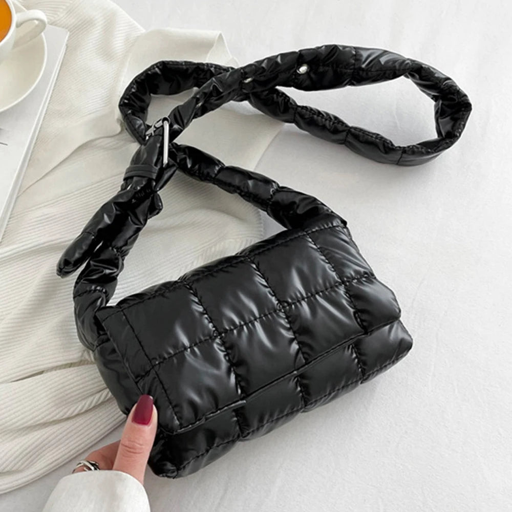 Fashion Quilted Padded Tote Bag - Warm Down Cotton Plaid Shoulder Bag