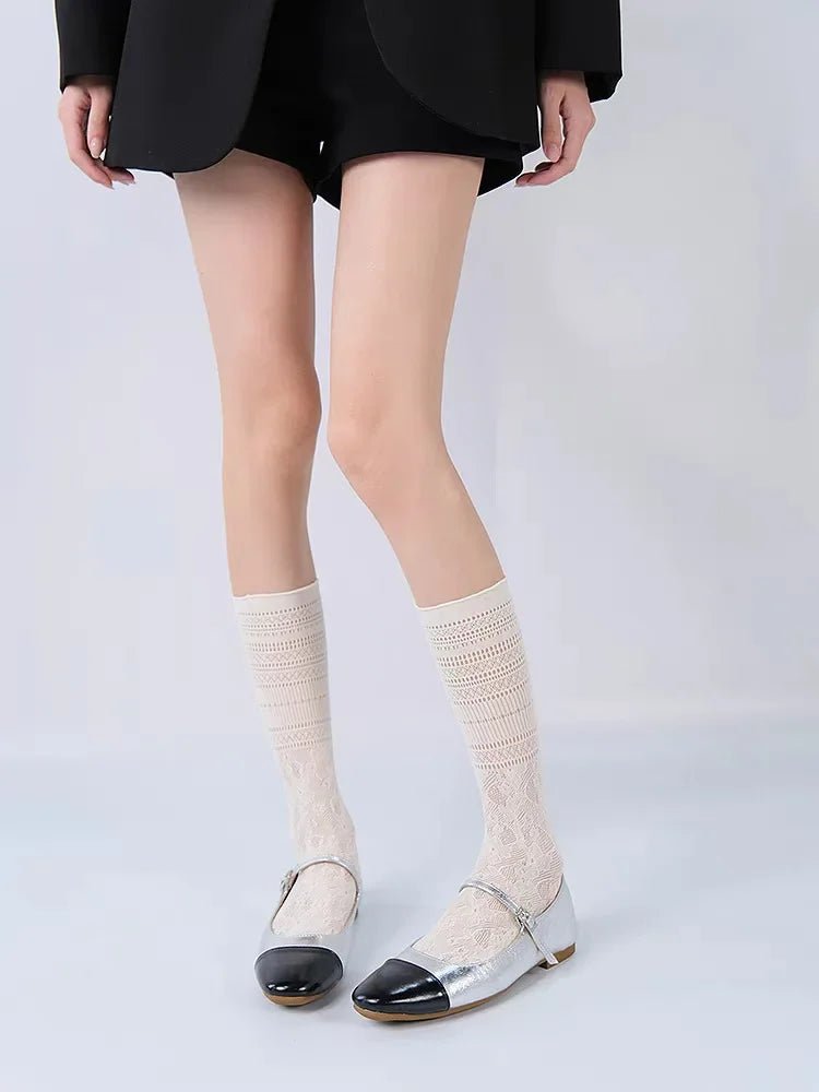 Women's Hollow Lace Y2K Mid Calf Socks - Black White Breathable Lolita Style - lily supply