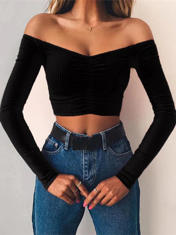 women T-shirts sexy and club fashion female T-shirt long sleeve off shoulder solid color lady Tshirt autumn basic tees - lily supply