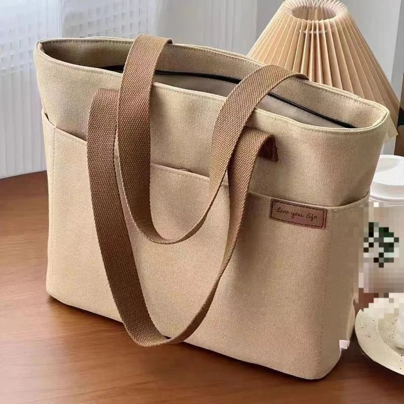 Women's 2-Layer Canvas Tote Bag - Large Capacity Student Commute Bag