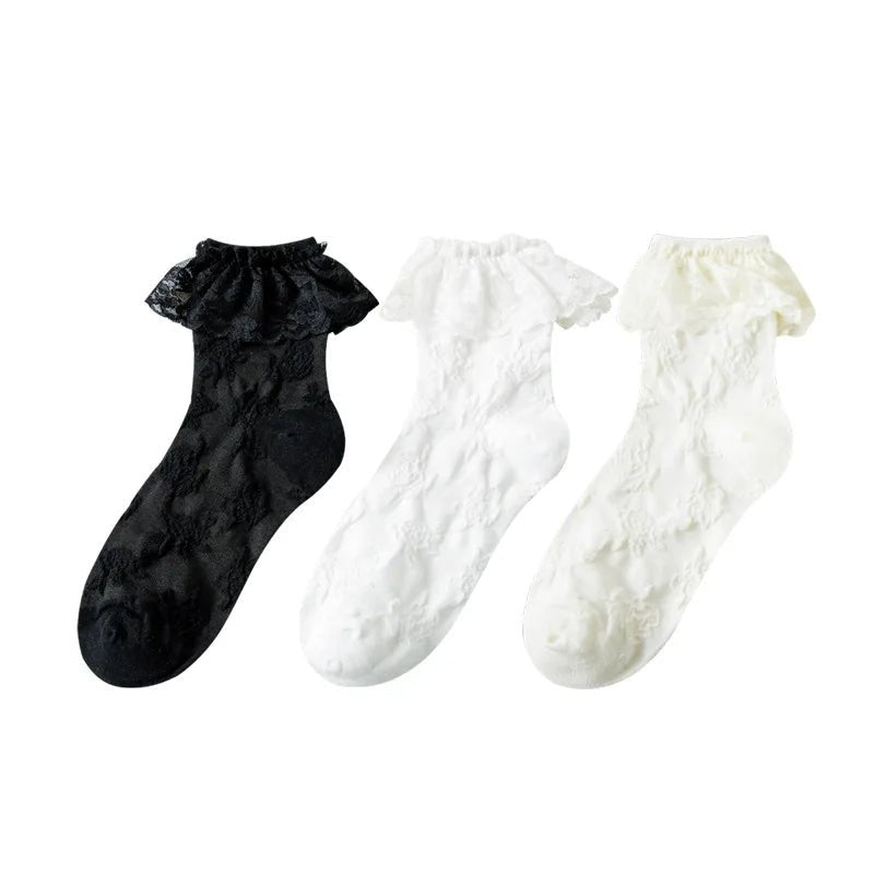 Women's Lolita Lace Ruffle Mesh Socks - Black White Sweet Japanese Fashion - lily supply