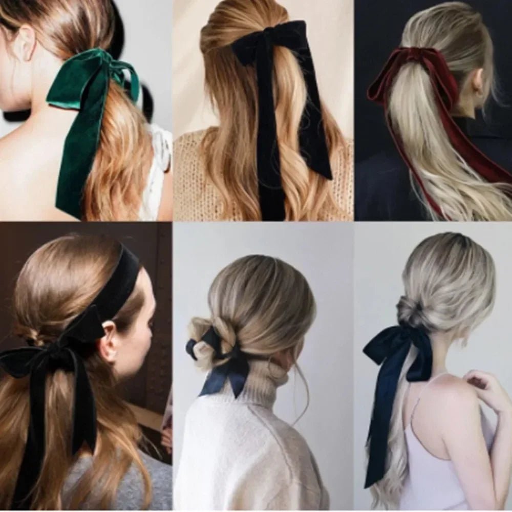 Vintage Black Velvet Bow Ribbon Scrunchie - Long Elastic Hair Tie for Women - lily supply