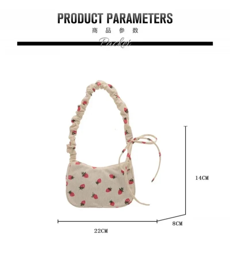 Women's Corduroy Strawberry Mini Shoulder Bag - Cute Half Moon Tote