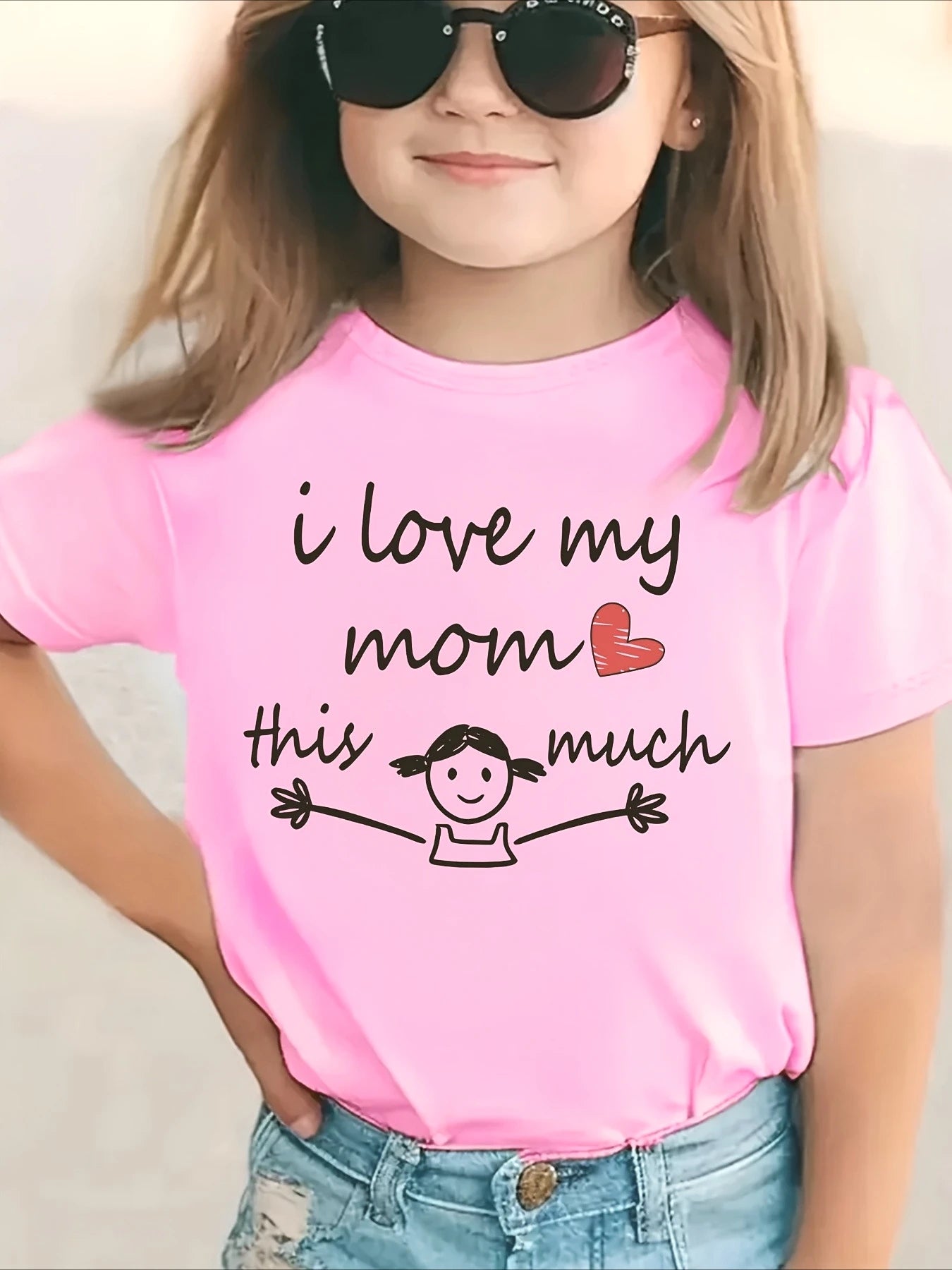Girls' "I LOVE MY MOM THIS MUCH" Graphic T-Shirt Summer Casual Short Sleeve Top with Heart Design Round Neck Children Clothing - lily supply