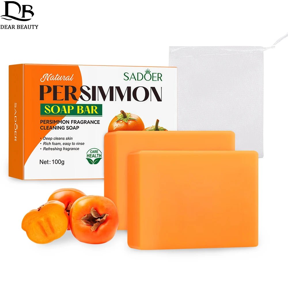 1/2PCS Persimmon Cleansing Soap Bar With Foaming Net Body Care Face Wash Exfoliating Whitening Soap Fruit Handmade Shower Soap - lily supply