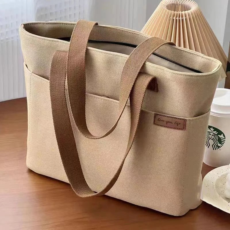 Women's 2-Layer Canvas Tote Bag - Large Capacity Student Commute Bag