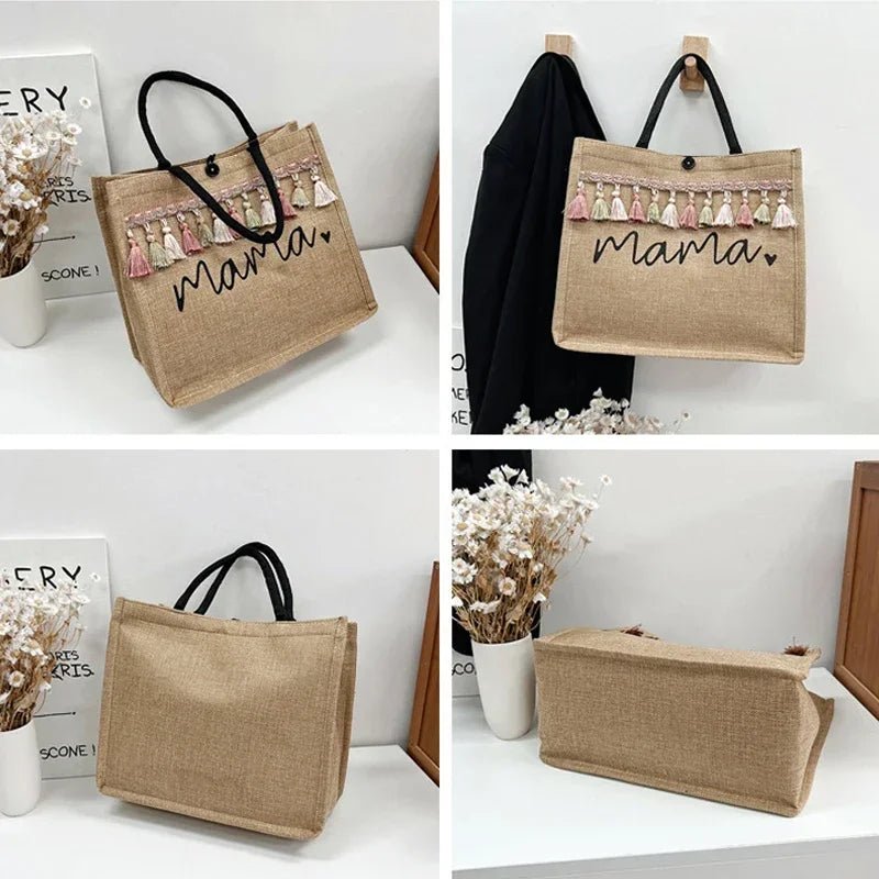 Mama Letter Print Linen Tote Bag - Large Capacity Baby Diaper Shoulder Bag - lily supply