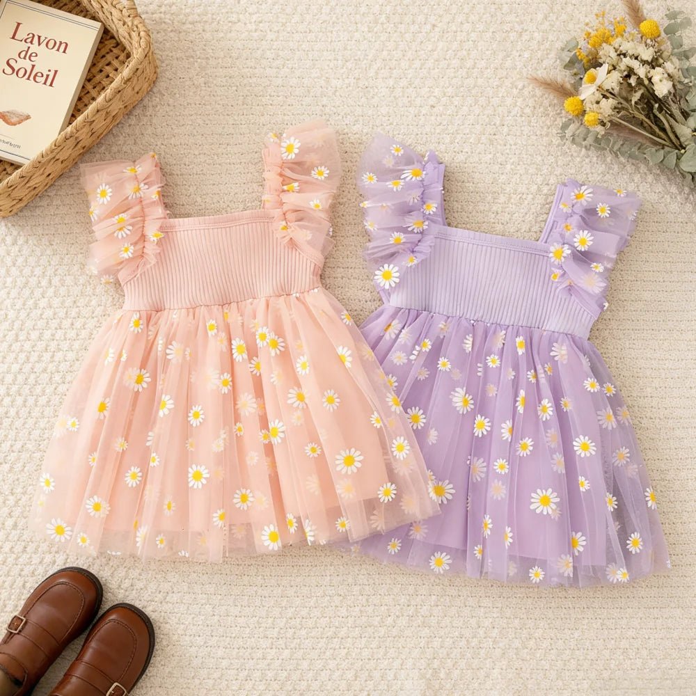 Girls Daisy Print Tulle Summer Dress | Cute Princess Baby Girl Dress 6M - 3Y - lily supply