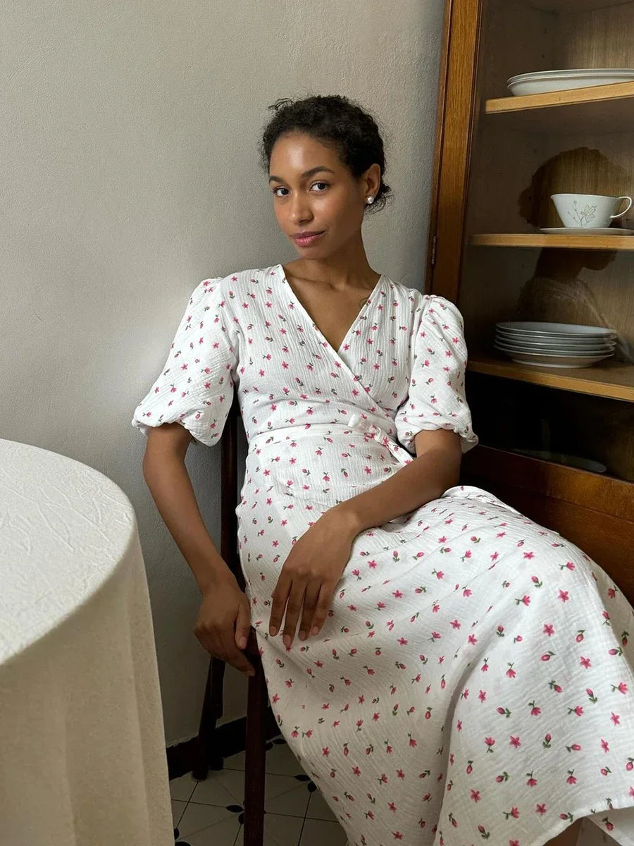 Women's Printed Lace-Up Cotton Maxi Dress