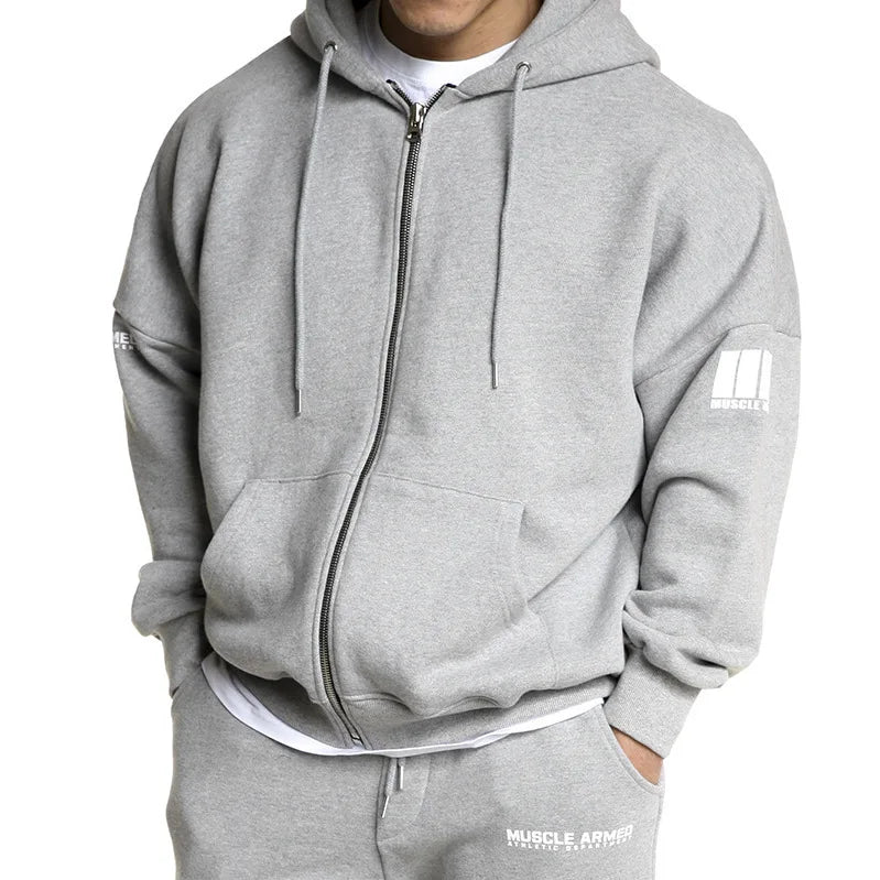 Men's Oversized Zip Hooded Gym Sweatshirt - Loose Running Training Jacket