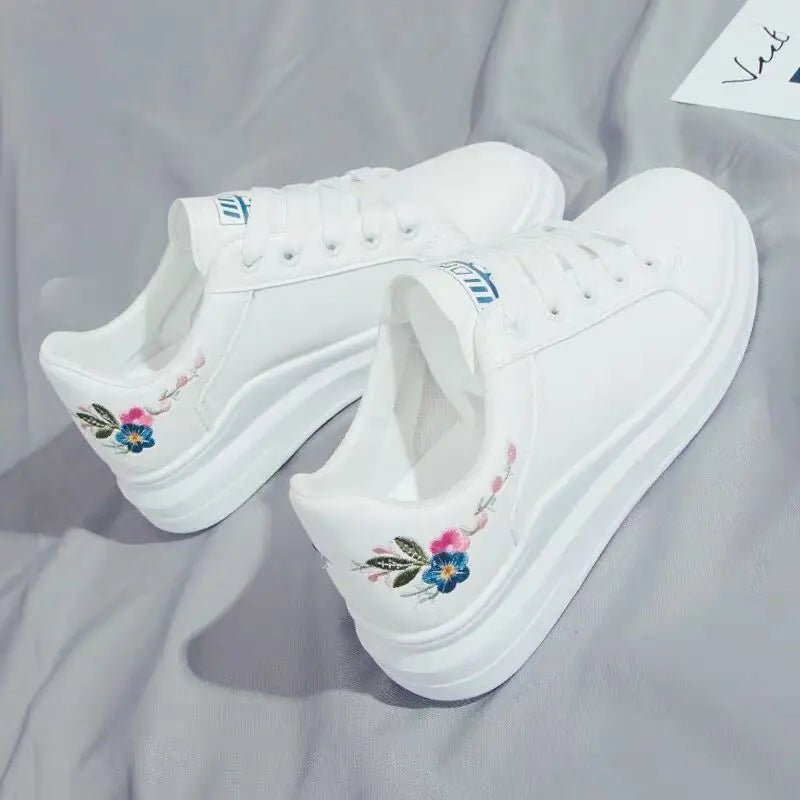 Shoes 2025 Women Running Spring Autumn Fashion White Breathable Embroidered Flower Lace - Up Casual Sneakers Zapatos De Mujer - lily supply