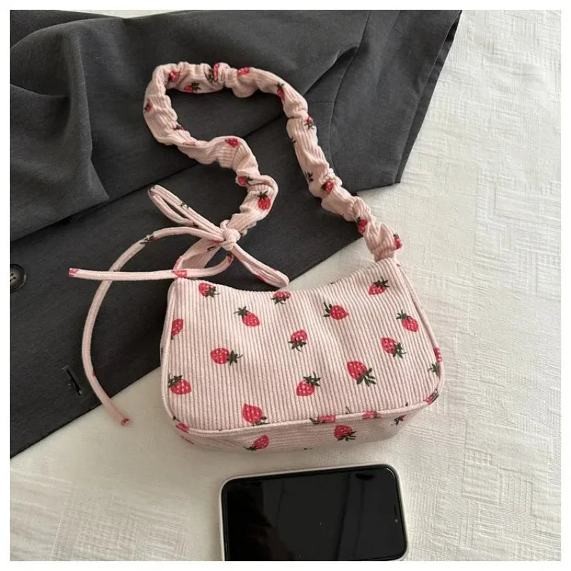 Women's Corduroy Strawberry Mini Shoulder Bag - Cute Half Moon Tote