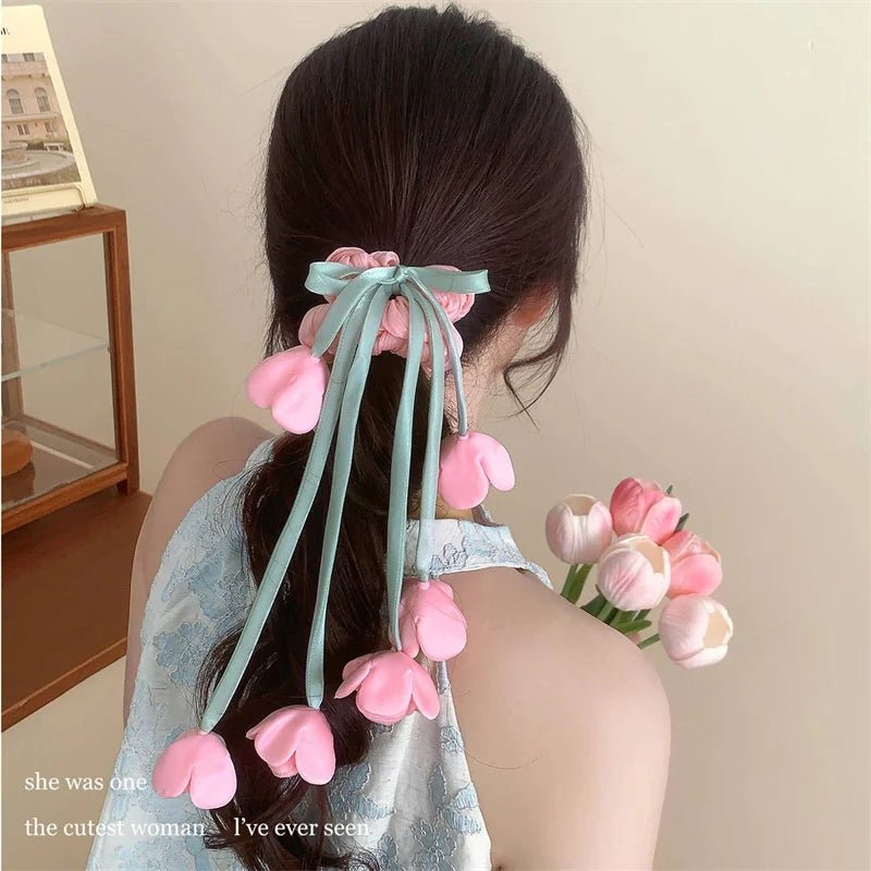 Lily of the Valley & Tulips Floral Scrunchie - Dangling Ribbon Hair Tie - lily supply