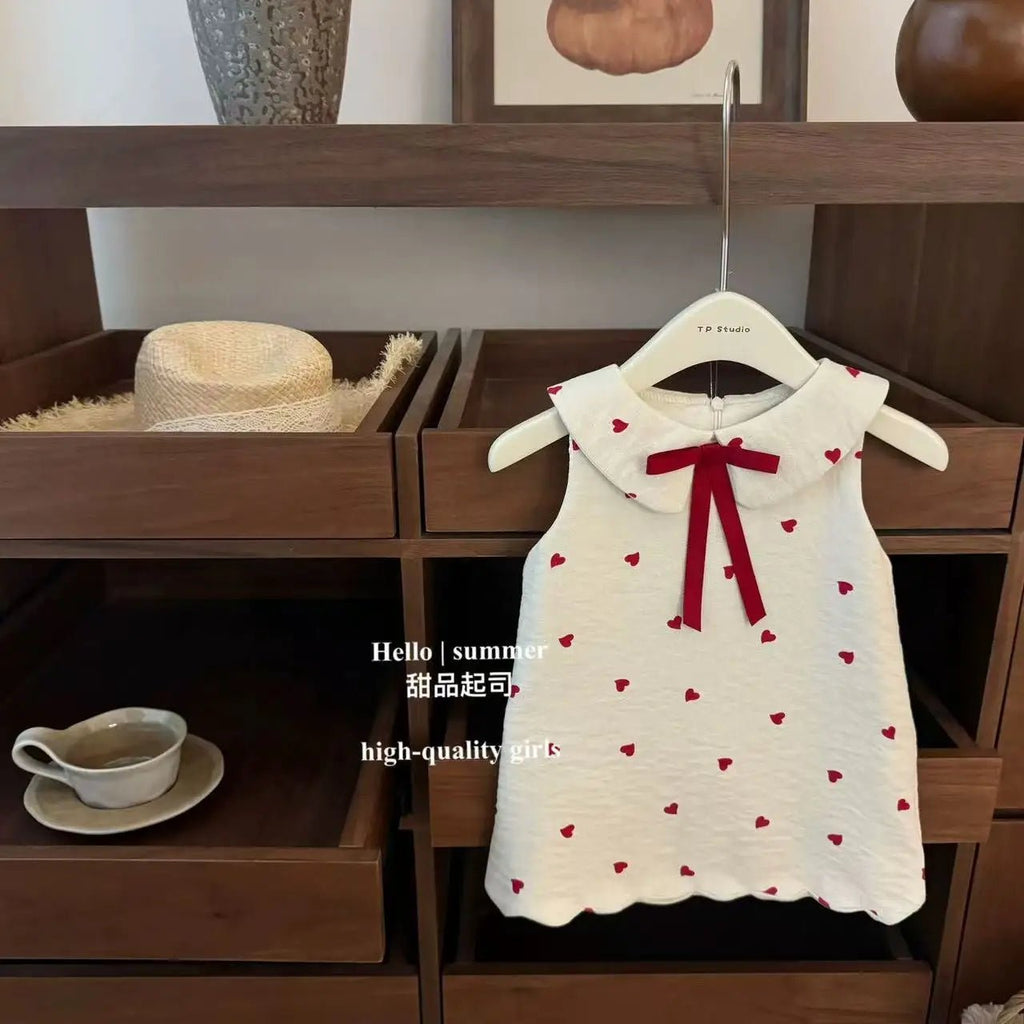 Girls Sweet Heart Print Doll Neck Tank Dress | Korean Style Cotton Summer Dress Ages 3 - 8Y - lily supply