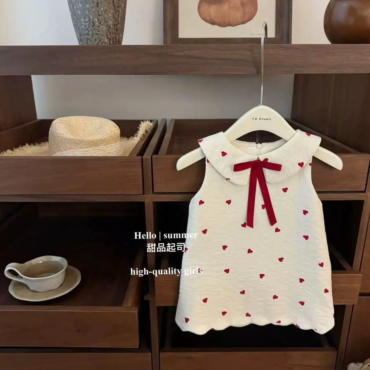 Girls Sweet Heart Print Doll Neck Tank Dress | Korean Style Cotton Summer Dress Ages 3 - 8Y - lily supply