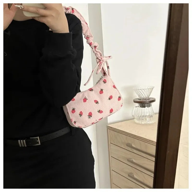 Women's Corduroy Strawberry Mini Shoulder Bag - Cute Half Moon Tote