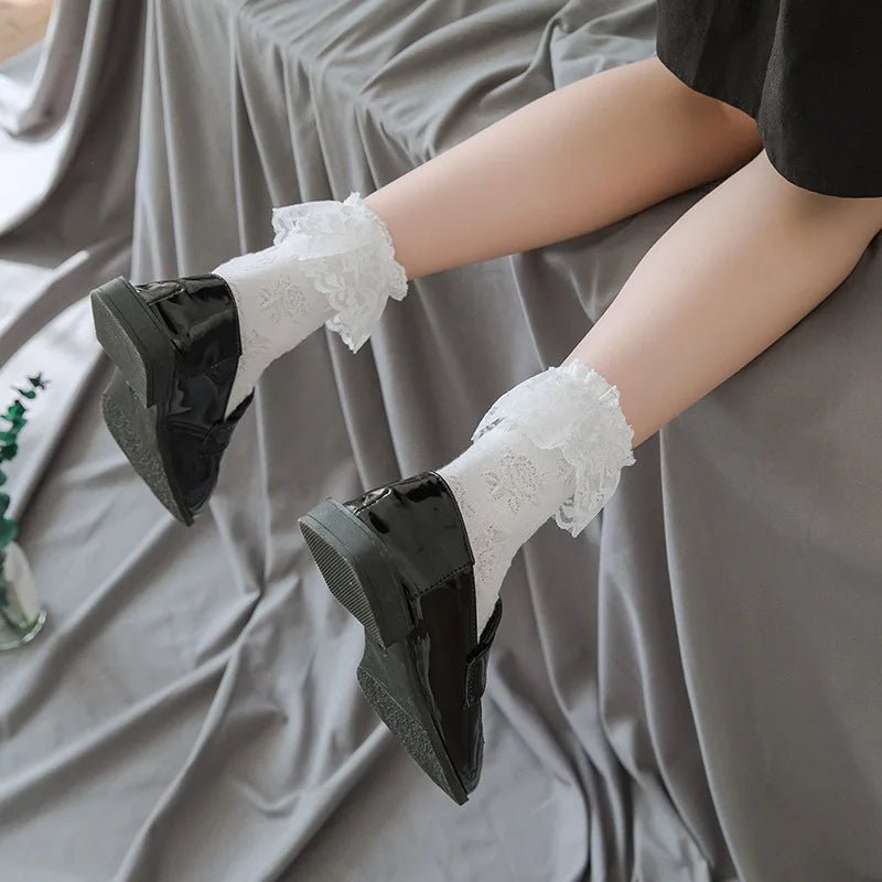 Women's Lolita Lace Ruffle Mesh Socks - Black White Sweet Japanese Fashion - lily supply