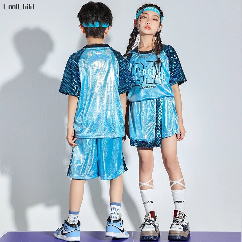 Girls Hip Hop Shine T-shirt Street Dance Skirts Boys Tee Silver Shorts Clothes Sets Kids Jazz Outfits Child Summer Streetwear - lily supply