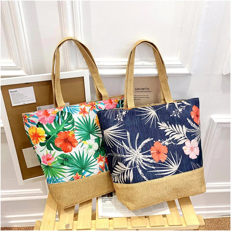 Women's Floral Printed Beach Shopping Large Capacity Tote Bag