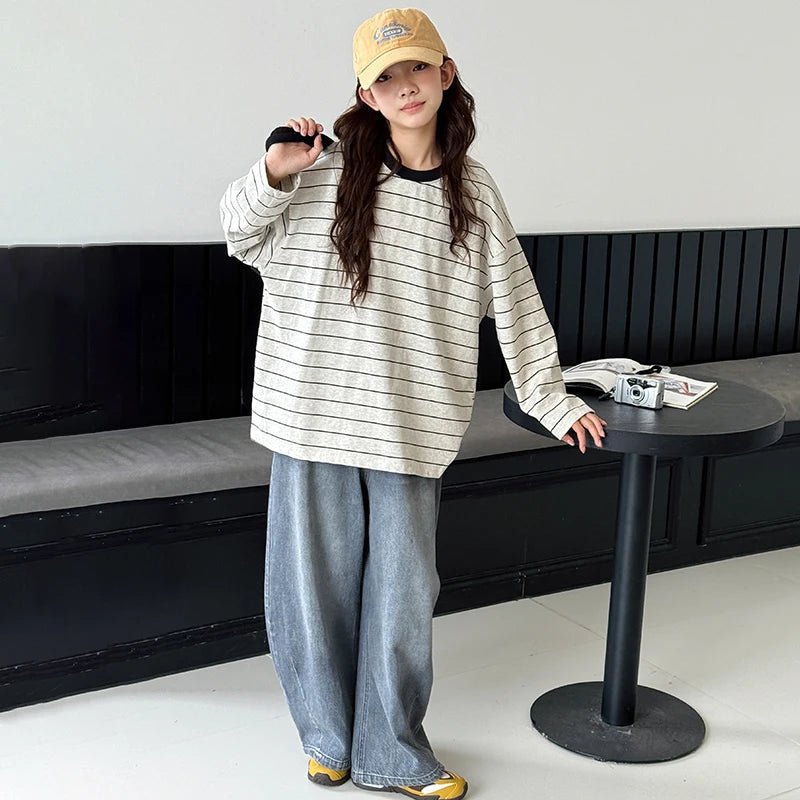 Girls' long sleeved T-shirt 2025 autumn outfit new children's striped casual top, girls' versatile spring and autumn base shirt - lily supply