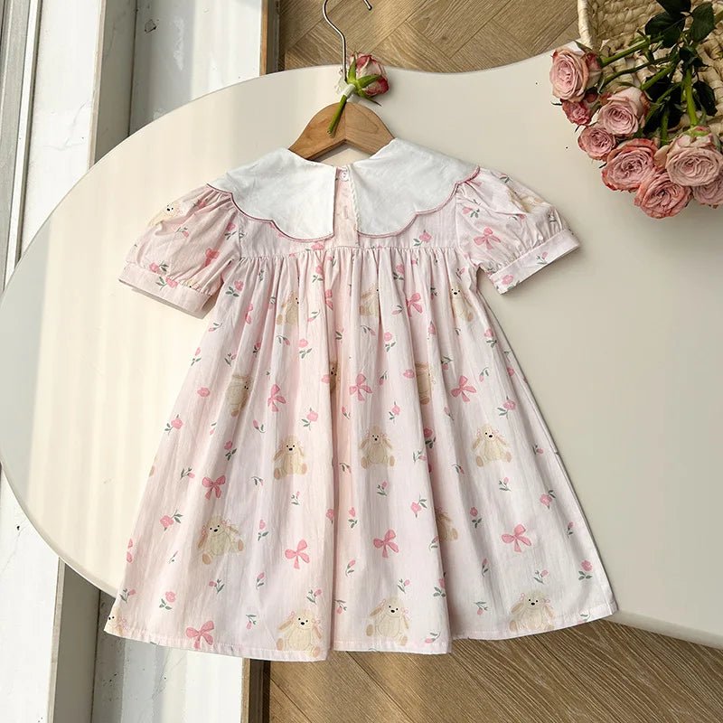 Girls Bow Embroidered Princess Dress | Cartoon Print Short Sleeve Summer Dress 1 - 8Y - lily supply