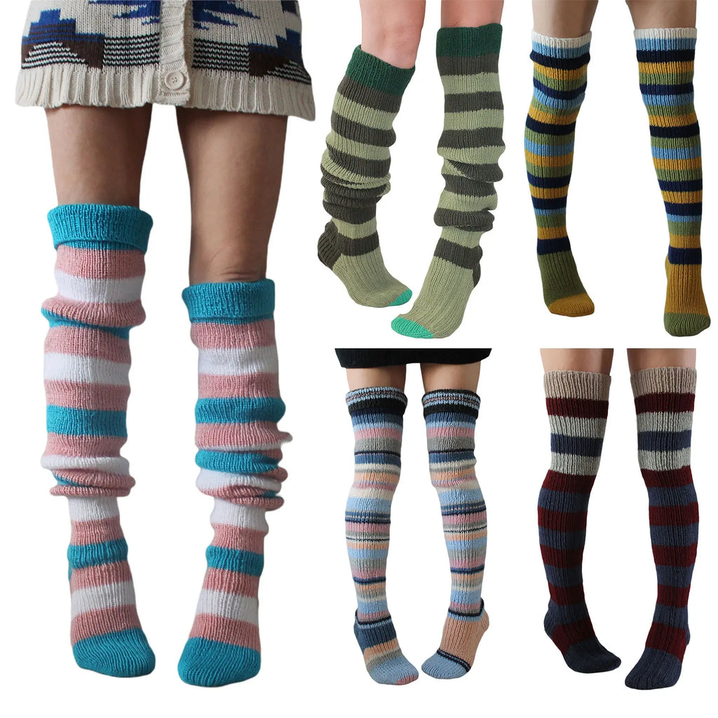 Women's Wool Knee Socks & Leg Warmers - Y2K Striped Knitted Stacked Socks - lily supply