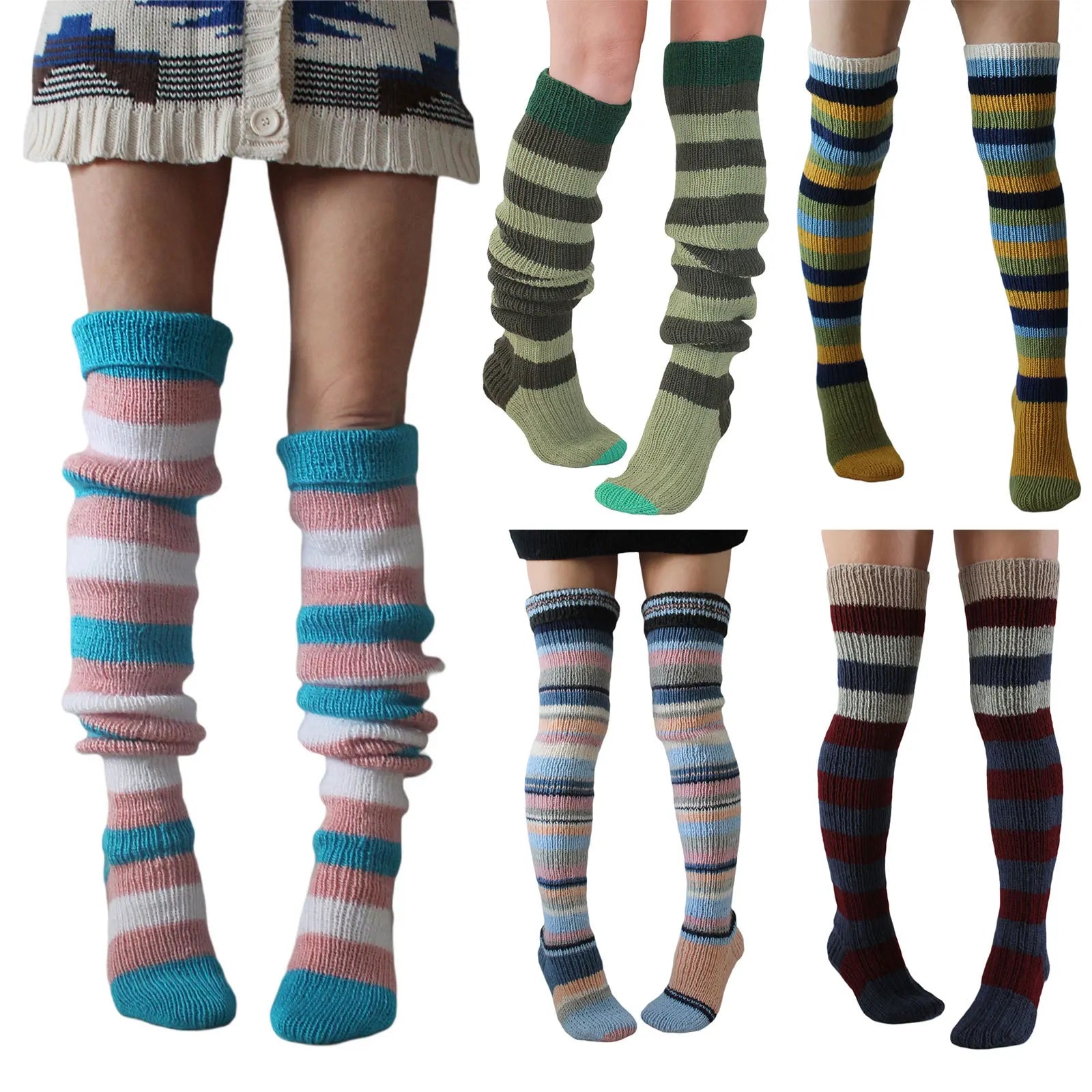 Women's Wool Knee Socks & Leg Warmers - Y2K Striped Knitted Stacked Socks - lily supply