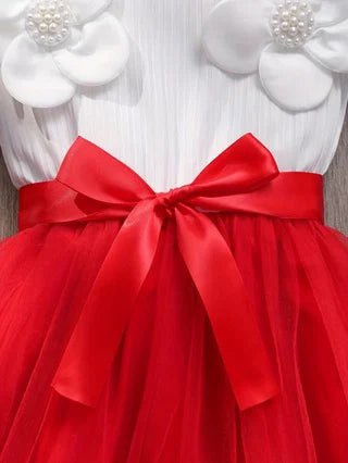 Girls' Spring and Summer Fashion Color - Block Sleeveless Dress with 3D Floral Embellishments, Tulle Skirt and Bow Accents - lily supply