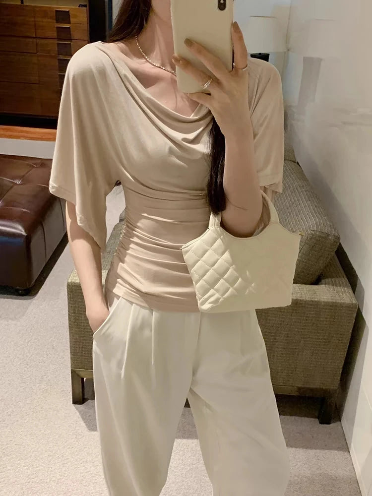 Women's Slash Neck Flare Sleeve Pleated Top