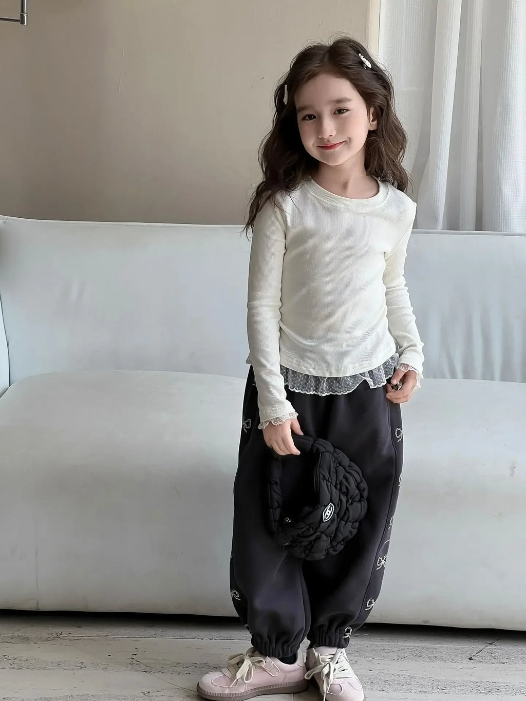 Girls Lace T-shirt 2024 Autumn New Slim - fit Top Children's High - elastic Knitted Top - lily supply