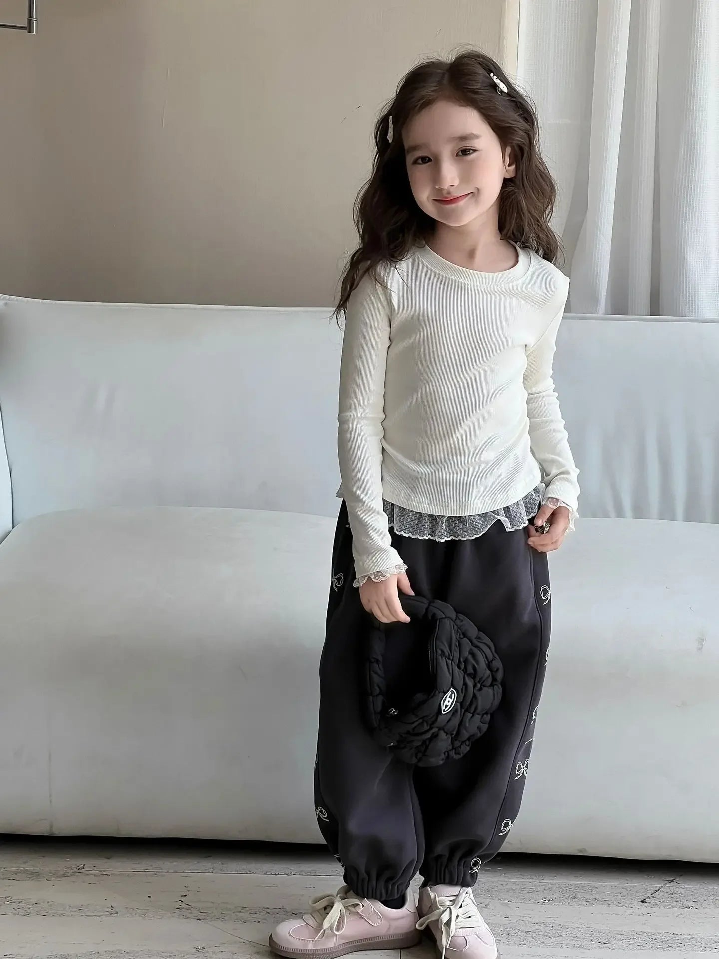 Girls Lace T-shirt 2024 Autumn New Slim - fit Top Children's High - elastic Knitted Top - lily supply