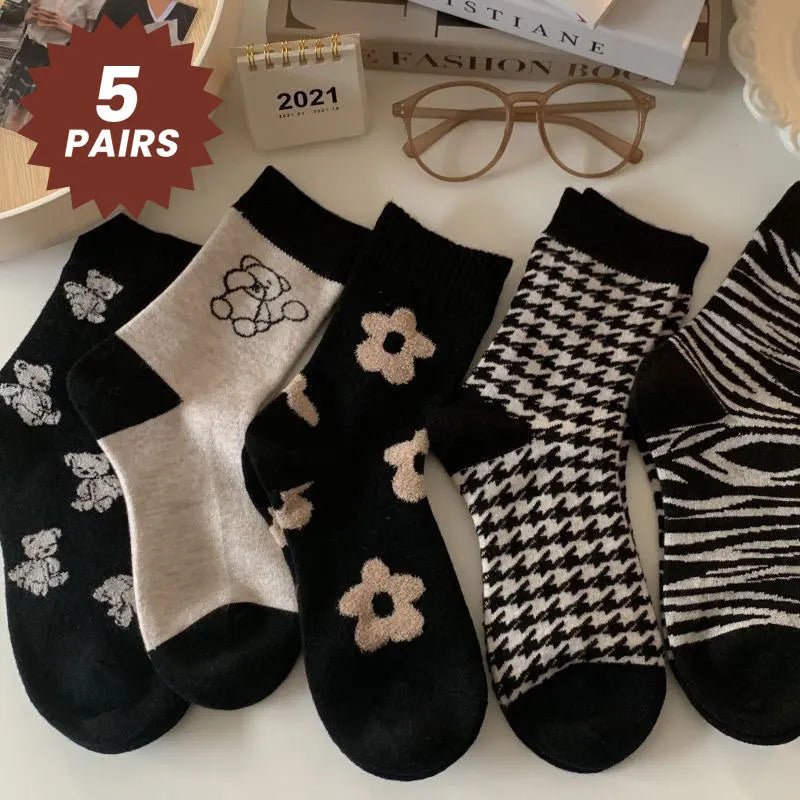 Women's Cute Bear Floral Mid Calf Socks - 5 Pairs Soft Breathable Casual - lily supply