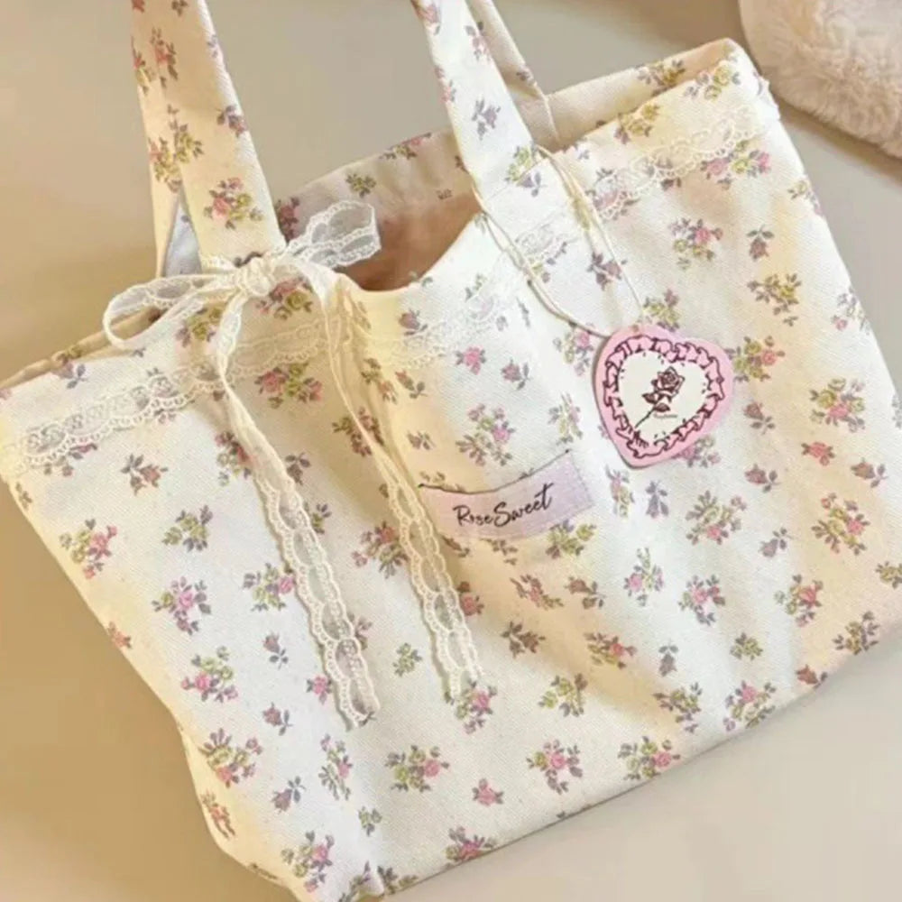 Large Capacity Lace Bow Canvas Tote Bag - Sweet Print Storage Handbag