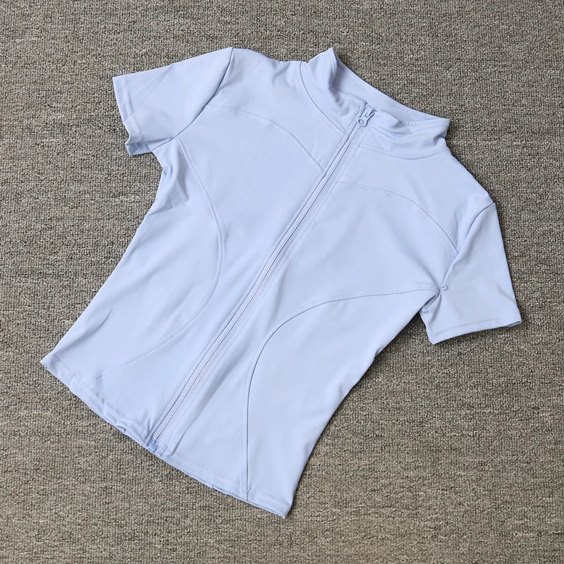 Women's Waist Slimming Yoga Shirt - Full Zip Stand Collar Short Sleeve