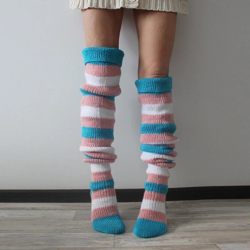 Women's Wool Knee Socks & Leg Warmers - Y2K Striped Knitted Stacked Socks - lily supply