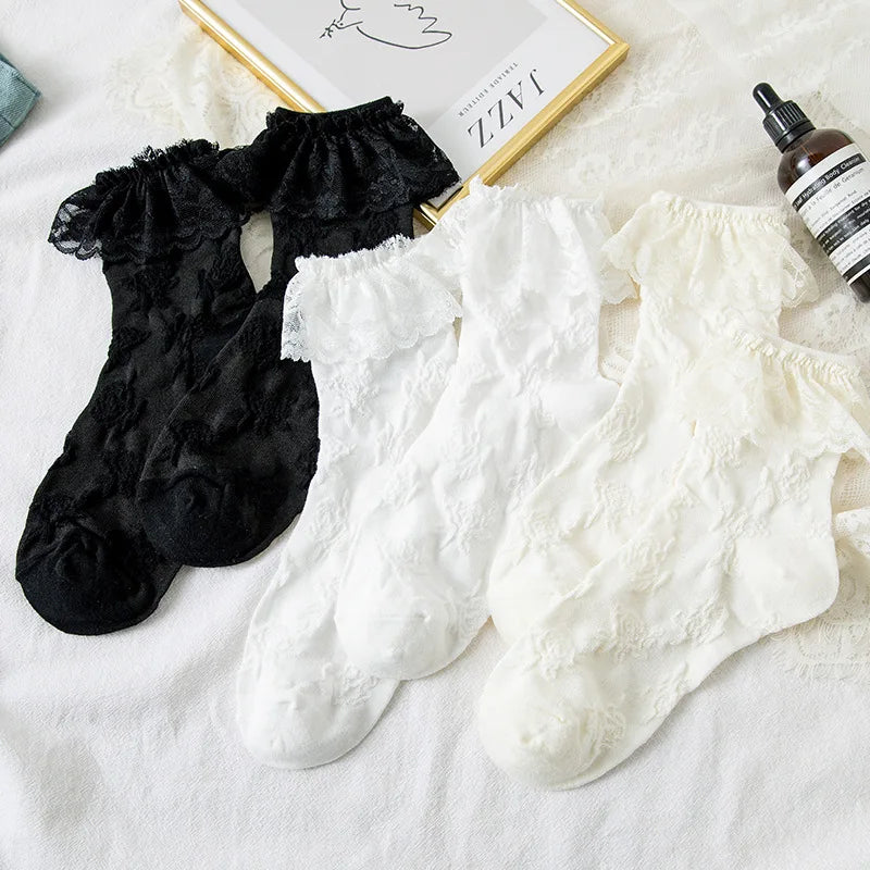 Women's Lolita Lace Ruffle Mesh Socks - Black White Sweet Japanese Fashion