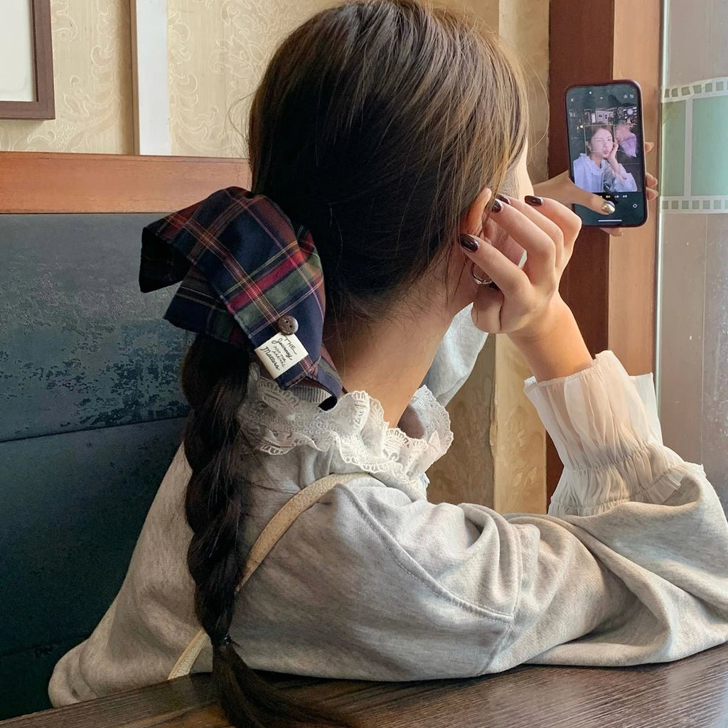 Plaid Scarf Scrunchie - British Collegiate Button Hair Tie for Low Ponytails - lily supply