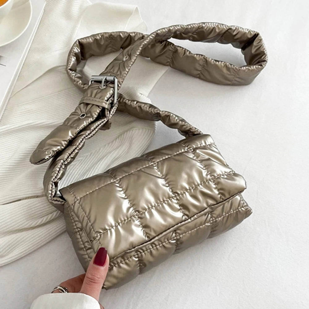 Fashion Quilted Padded Tote Bag - Warm Down Cotton Plaid Shoulder Bag
