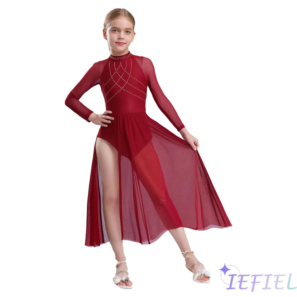 Girls Lyrical Dance Dress | Rhinestone Mesh Keyhole Back Leotard Costume Size 6 - 16 - lily supply
