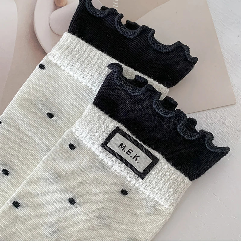 Women's Frilly Dots Preppy Long Cotton Socks – Sweet Knee High Socks - lily supply