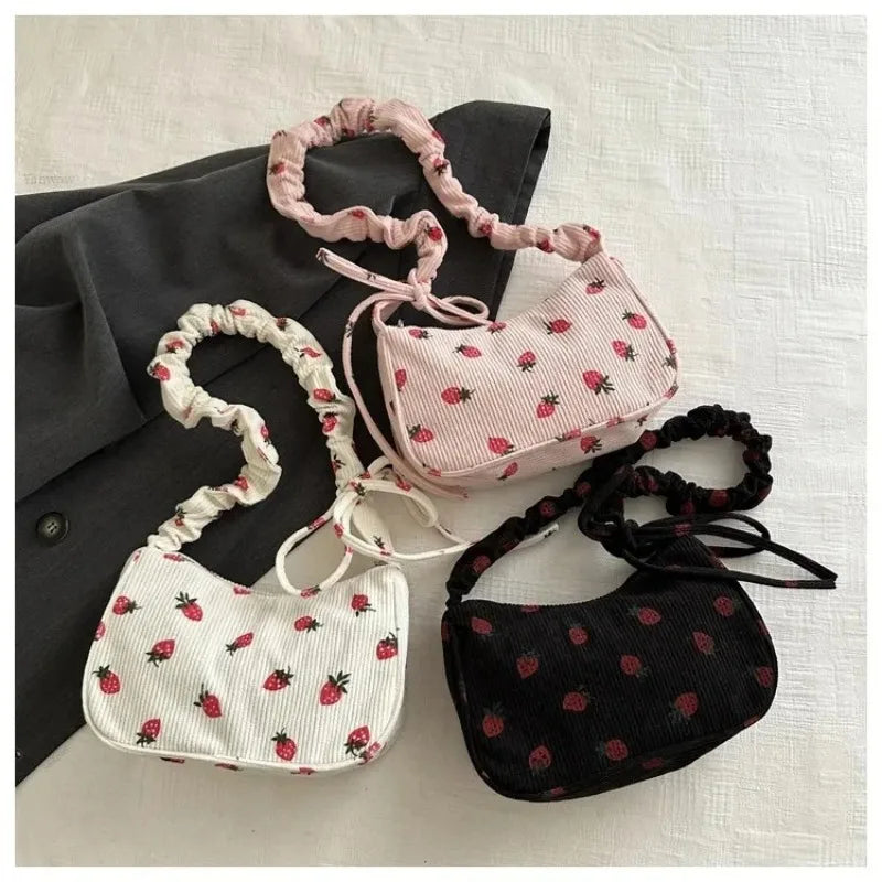 Women's Corduroy Strawberry Mini Shoulder Bag - Cute Half Moon Tote