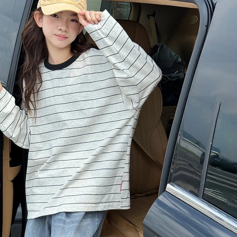 Girls' long sleeved T-shirt 2025 autumn outfit new children's striped casual top, girls' versatile spring and autumn base shirt - lily supply