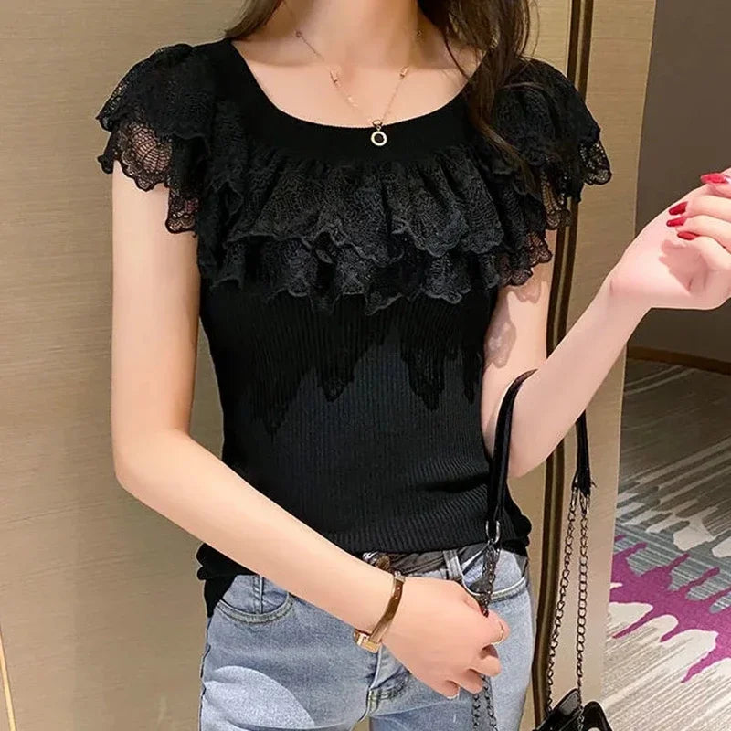 Women's Casual Lace T-Shirt Korean Fashion