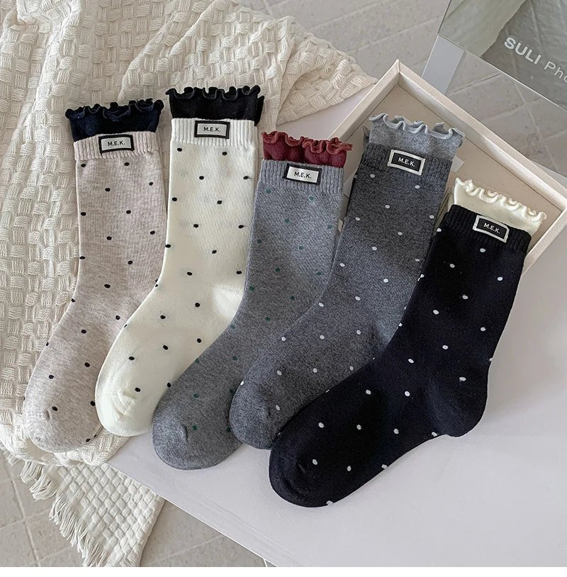 Women's Frilly Dots Preppy Long Cotton Socks – Sweet Knee High Socks - lily supply