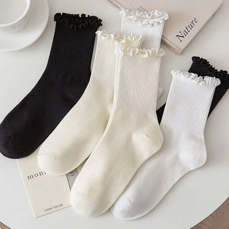 Women's Ruffle Mid Tube Ankle Socks - Breathable Cotton Black White Beige - lily supply
