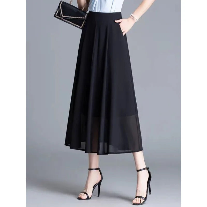 Women's Black Chiffon Maxi Skirt High Waist A-Line Flowy Pleated Casual Party Midi Skirt