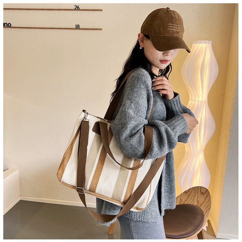 Women's Striped Canvas Crossbody Shoulder Bag - Large Tote 2023