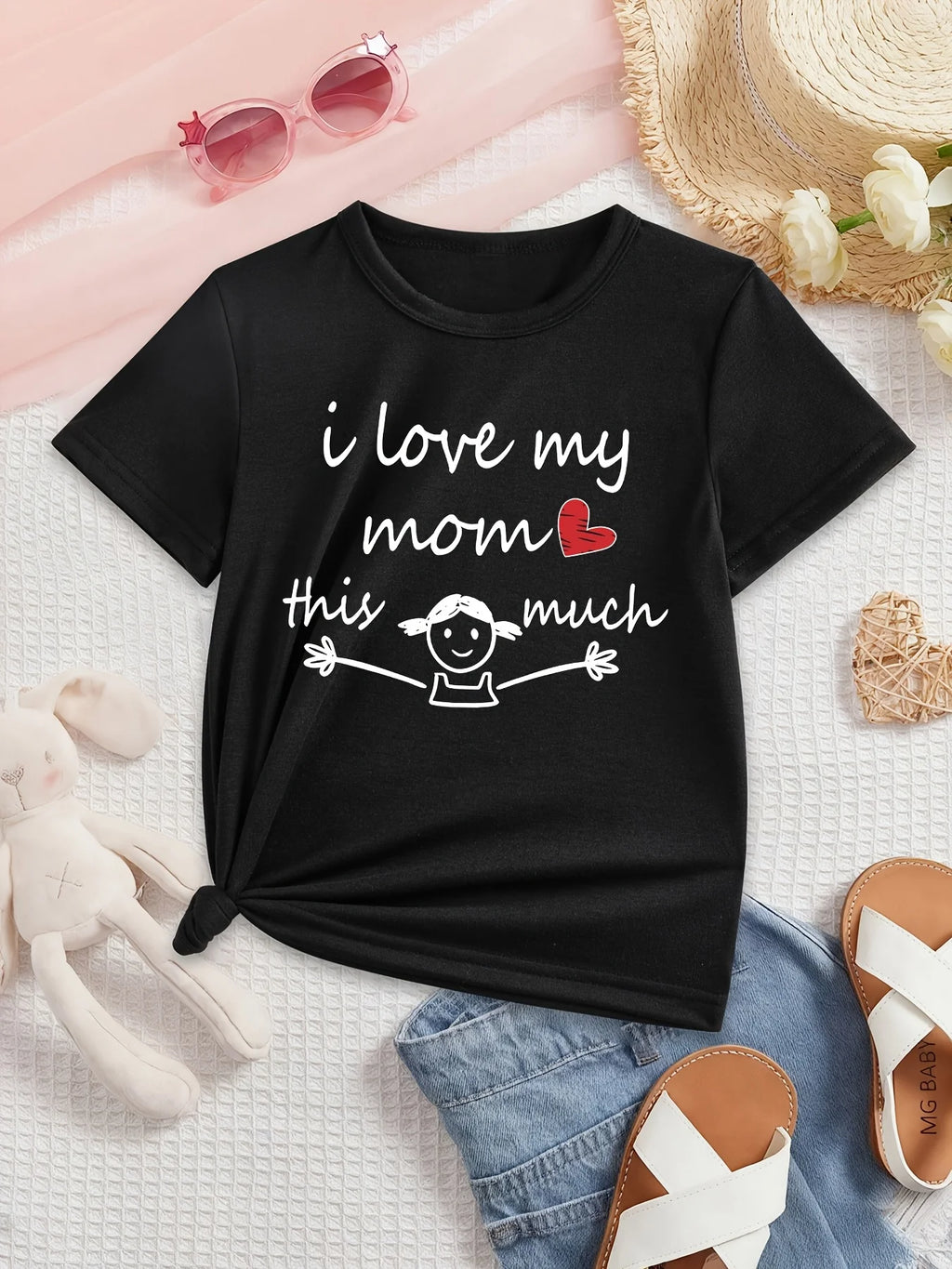 Girls' "I LOVE MY MOM THIS MUCH" Graphic T-Shirt Summer Casual Short Sleeve Top with Heart Design Round Neck Children Clothing - lily supply