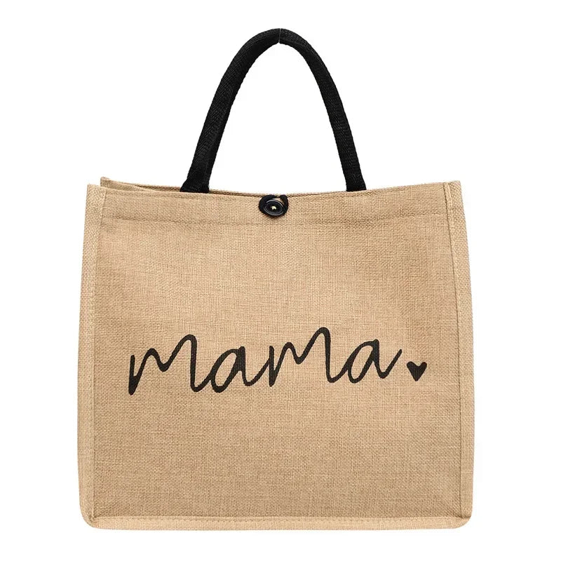 Mama Letter Print Linen Tote Bag - Large Capacity Baby Diaper Shoulder Bag